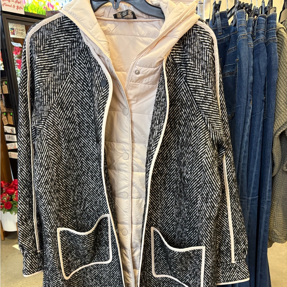 Tribal fashions, herringbone, lightweight, fuller coat, and Heather charcoal